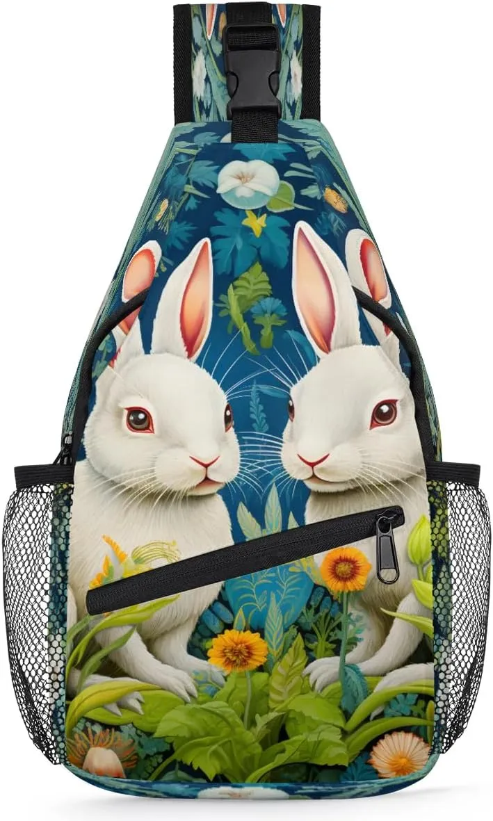 Easter Cute Bunny Lawn Flower Sling Backpack for Women Men Waterproof Antitheft Chest Bag Lightweight Travel Crossbody Shoulder Bag for Shopping Outdoor Leisure Sports Mountaineering Riding