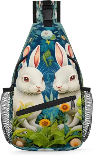 Easter Cute Bunny Lawn Flower Sling Backpack for Women Men Waterproof Antitheft Chest Bag Lightweight Travel Crossbody Shoulder Bag for Shopping Outdoor Leisure Sports Mountaineering Riding