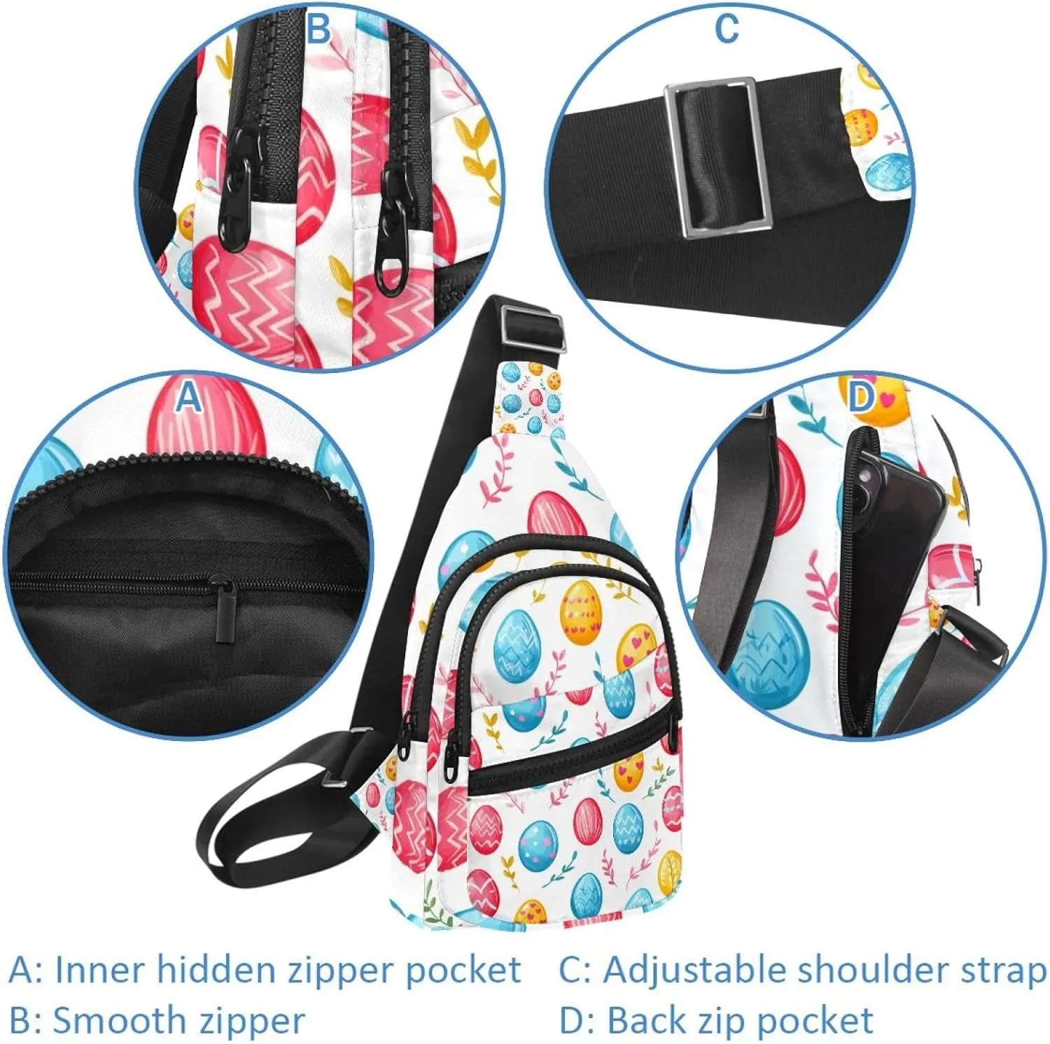 Easter Painted Eggs Sling Bag, Crossbody Sling Backpack Travel Hiking Chest Bag Daypack for Purses Shoulder Bag Women Men's