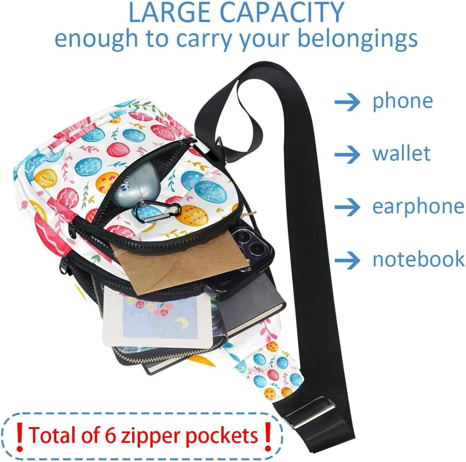 Easter Painted Eggs Sling Bag, Crossbody Sling Backpack Travel Hiking Chest Bag Daypack for Purses Shoulder Bag Women Men's