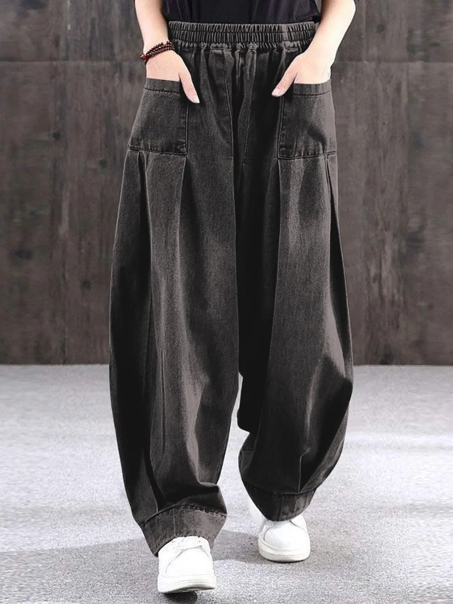 ebossy Women's Denim Harem Pants Elastic Waist Pleated Wide Leg Baggy Jeans