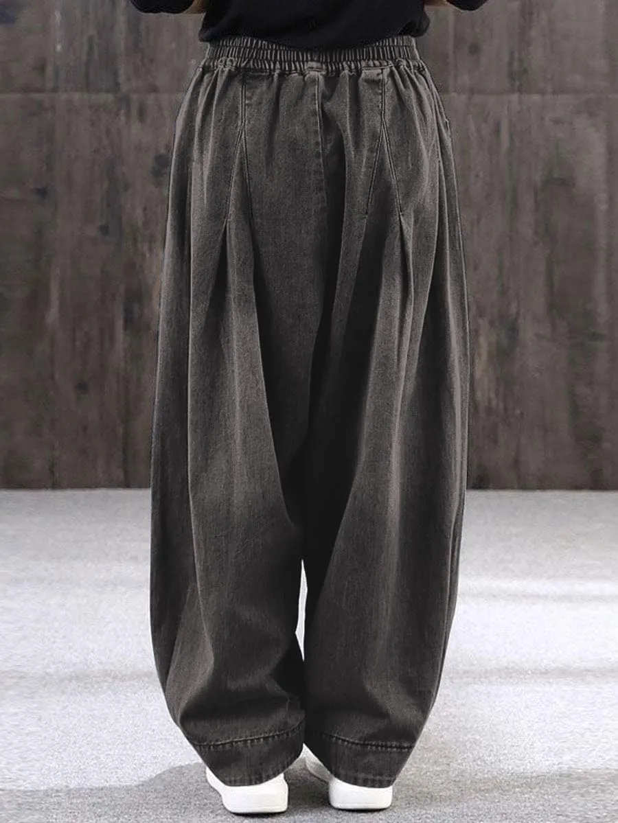 ebossy Women's Denim Harem Pants Elastic Waist Pleated Wide Leg Baggy Jeans