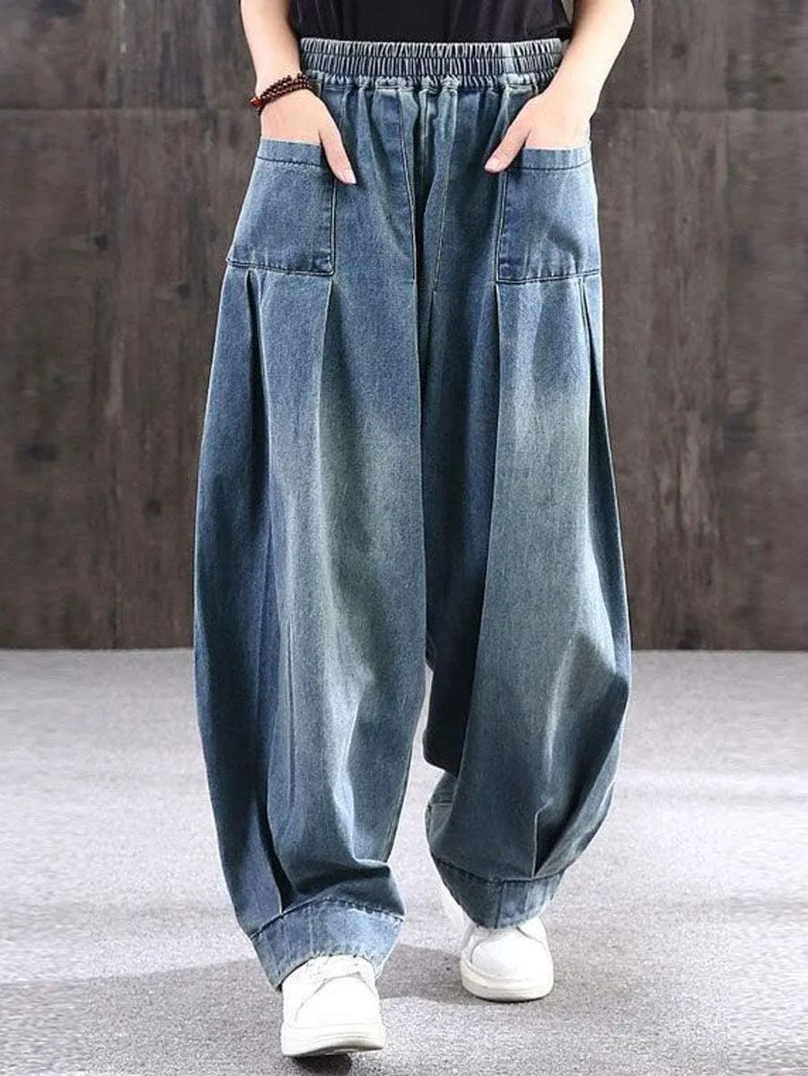 ebossy Women's Denim Harem Pants Elastic Waist Pleated Wide Leg Baggy Jeans