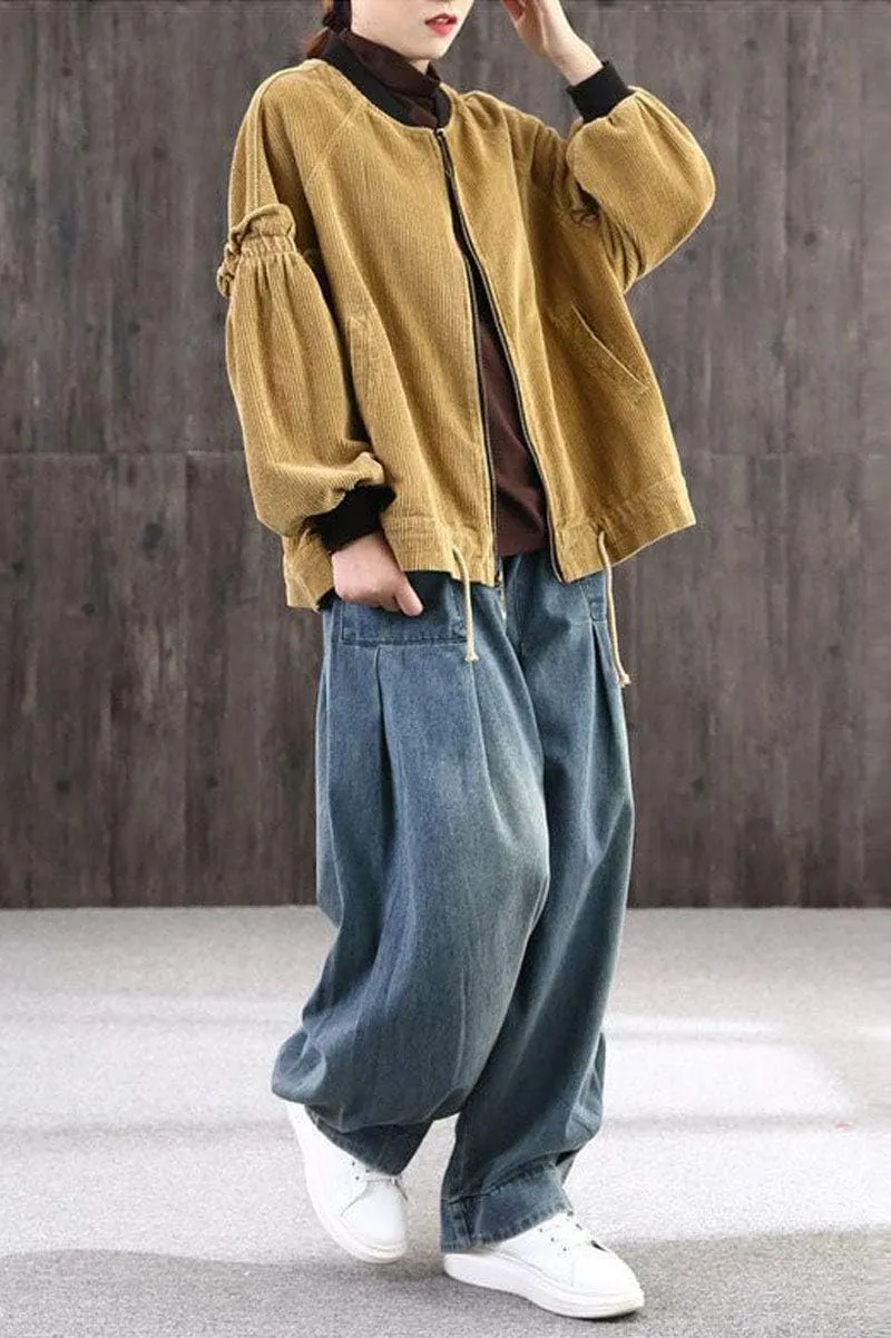 ebossy Women's Denim Harem Pants Elastic Waist Pleated Wide Leg Baggy Jeans