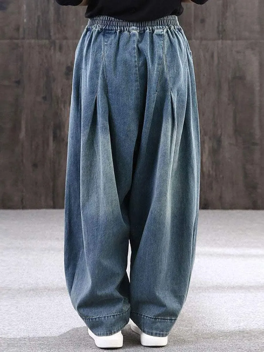 ebossy Women's Denim Harem Pants Elastic Waist Pleated Wide Leg Baggy Jeans