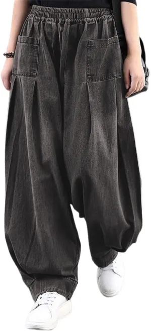 ebossy Women's Denim Harem Pants Elastic Waist Pleated Wide Leg Baggy Jeans
