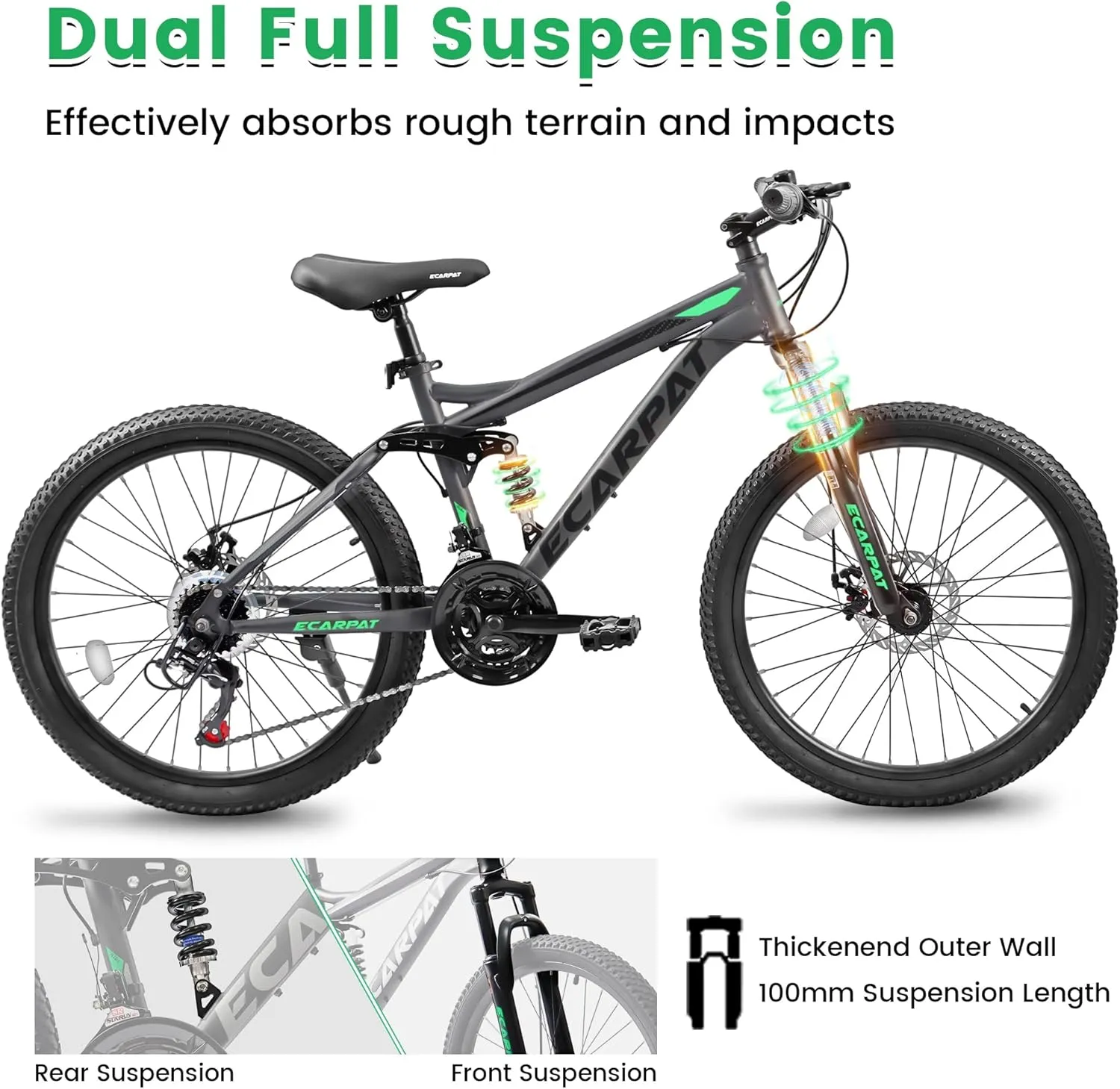 Ecarpat 24/26/27.5 Inch Mountain Bike, Dual/Front Suspension Mens Mountain Bike with 21 Speeds High-Carbon Steel Frame and Disc/V Brakes, Adult Sport Bicycle for Trail Snow Commuter City Road