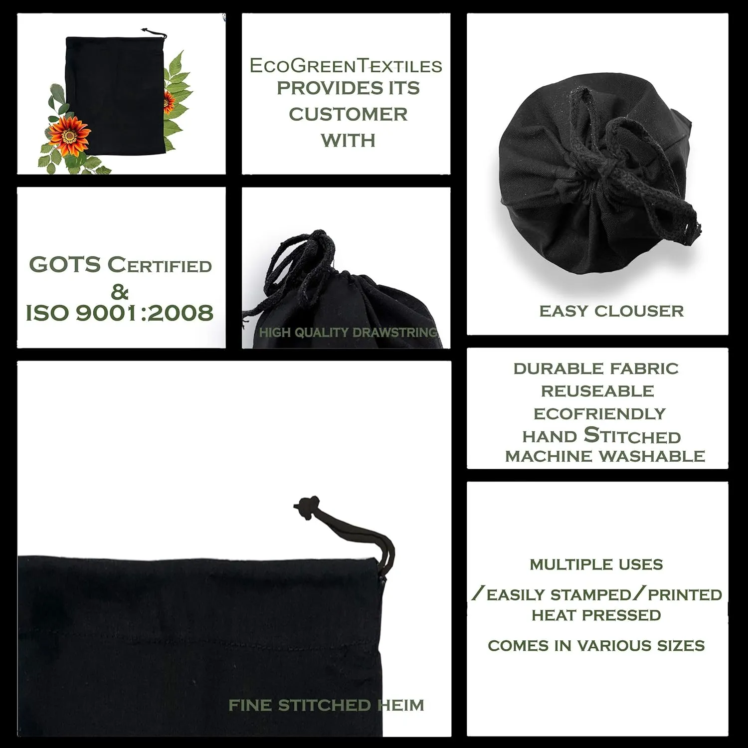 Eco Green Textiles (2 x 3 inches) – Black Cotton Reusable Produce Muslin Bags – Multipurpose Drawstring Storage Pouch for Everyday Use (Pack of 25)
