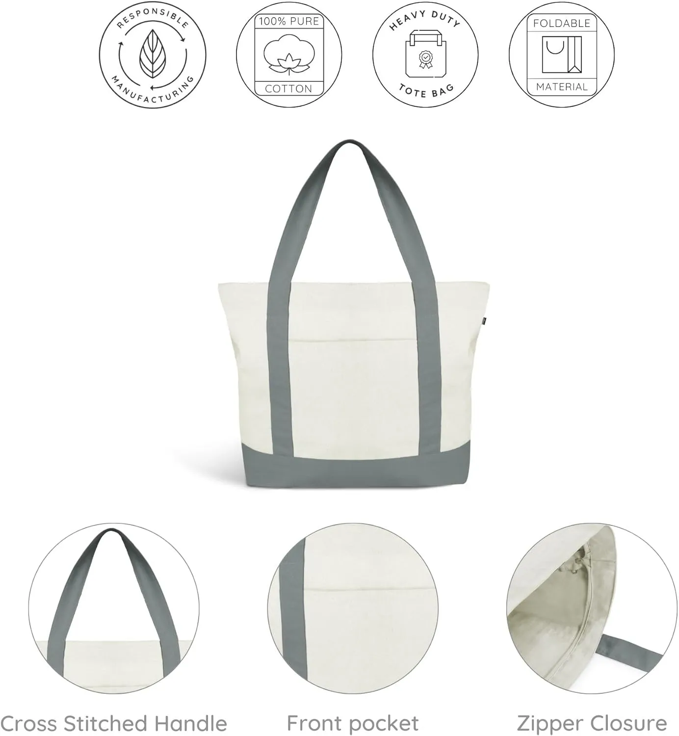 Ecoright Canvas Tote Bag for Women with Zip & Inner Pocket, 100% Organic Cotton Tote Bags for Men, Shopping, Beach