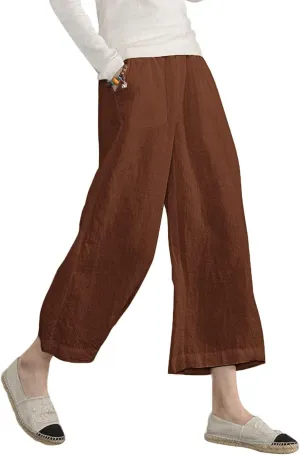 ECUPPER Womens Cotton Cropped Pants Loose Fit Wide Leg Capri Casual Plus Size Elastic Waist Trousers
