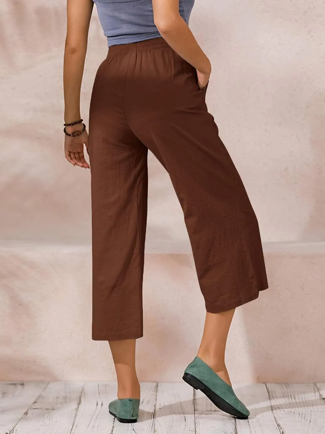 ECUPPER Womens Cotton Cropped Pants Loose Fit Wide Leg Capri Casual Plus Size Elastic Waist Trousers