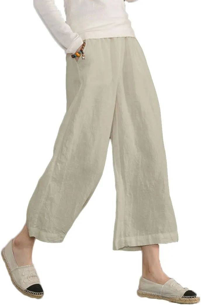 ECUPPER Womens Cotton Cropped Pants Loose Fit Wide Leg Capri Casual Plus Size Elastic Waist Trousers