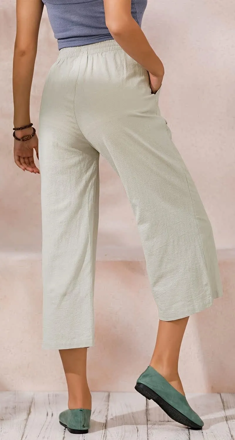 ECUPPER Womens Cotton Cropped Pants Loose Fit Wide Leg Capri Casual Plus Size Elastic Waist Trousers
