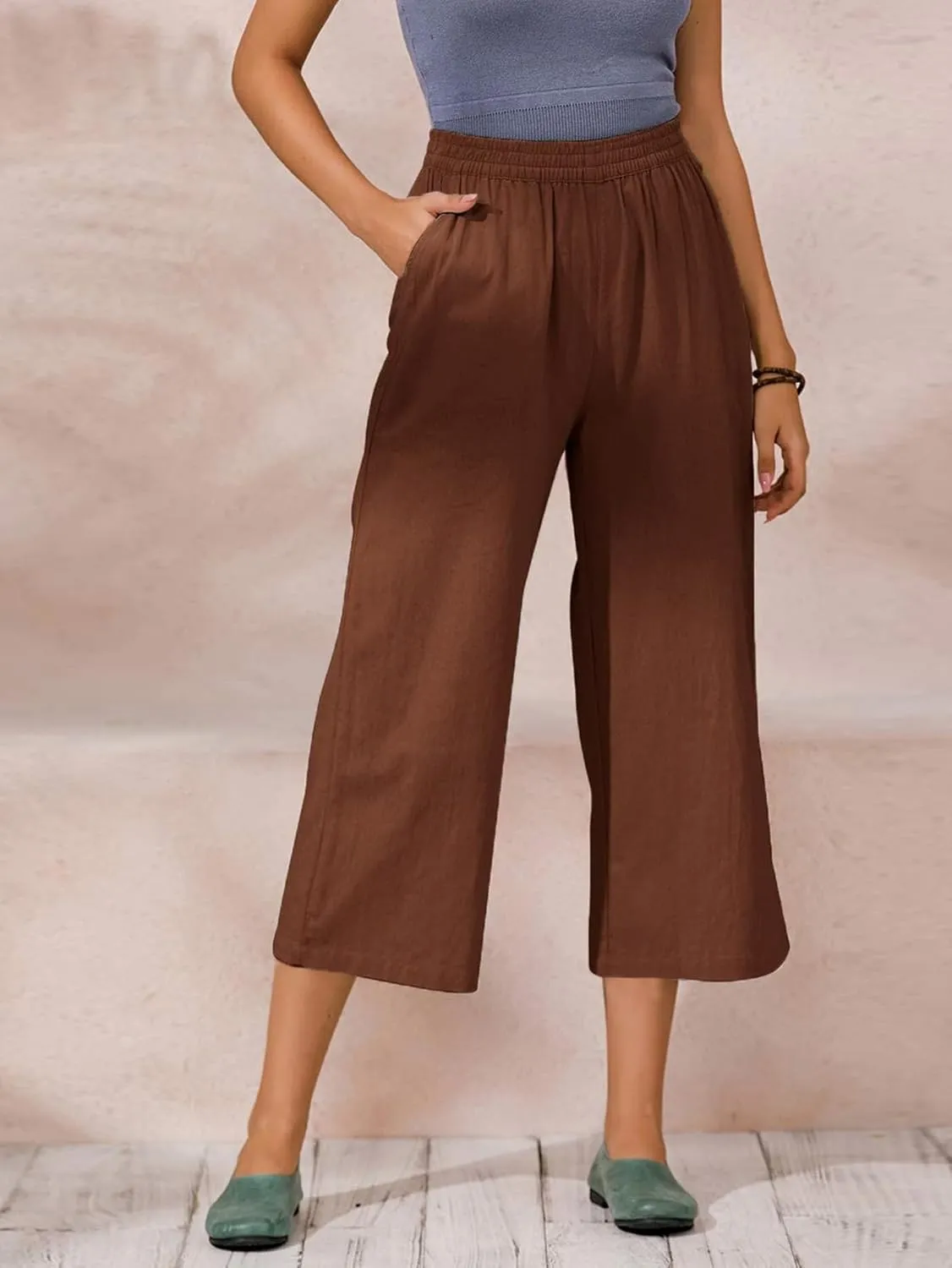 ECUPPER Womens Cotton Cropped Pants Loose Fit Wide Leg Capri Casual Plus Size Elastic Waist Trousers