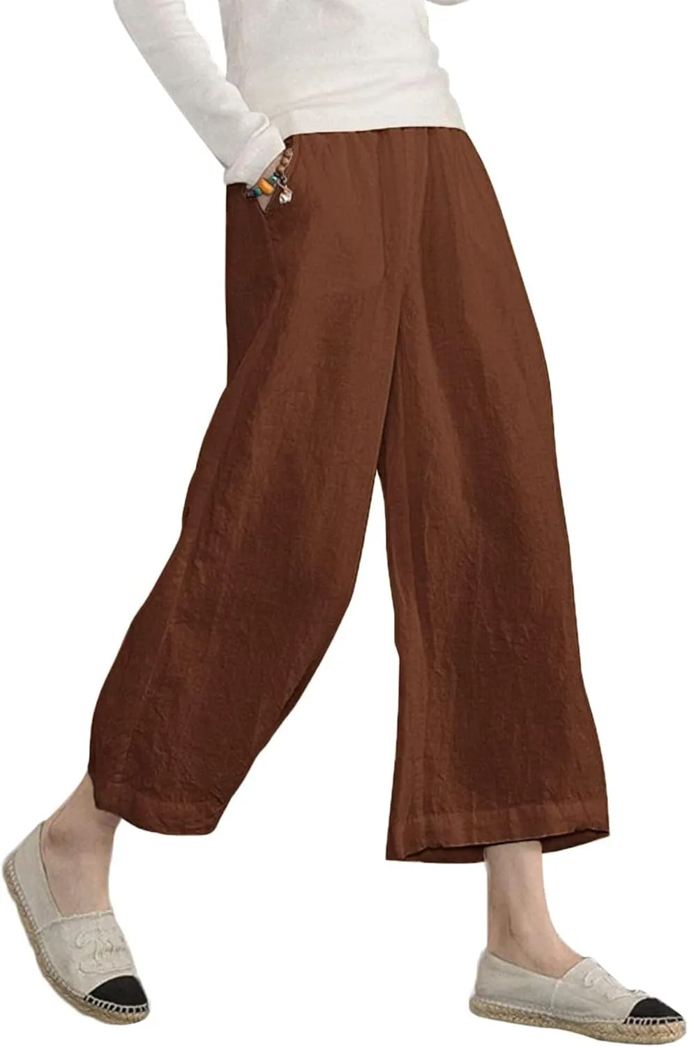 ECUPPER Womens Cotton Cropped Pants Loose Fit Wide Leg Capri Casual Plus Size Elastic Waist Trousers