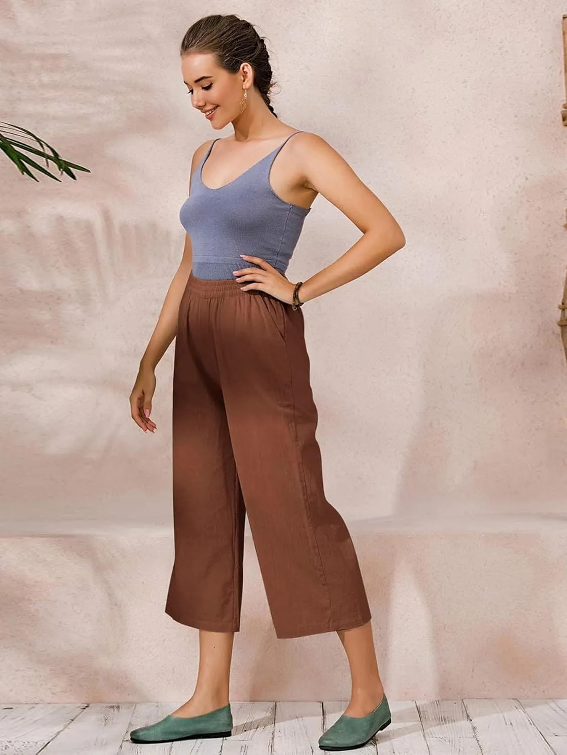 ECUPPER Womens Cotton Cropped Pants Loose Fit Wide Leg Capri Casual Plus Size Elastic Waist Trousers