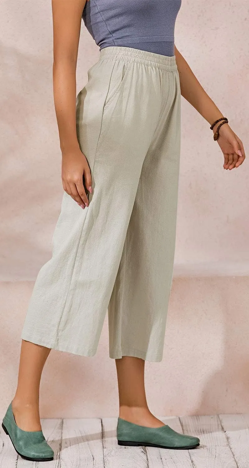 ECUPPER Womens Cotton Cropped Pants Loose Fit Wide Leg Capri Casual Plus Size Elastic Waist Trousers