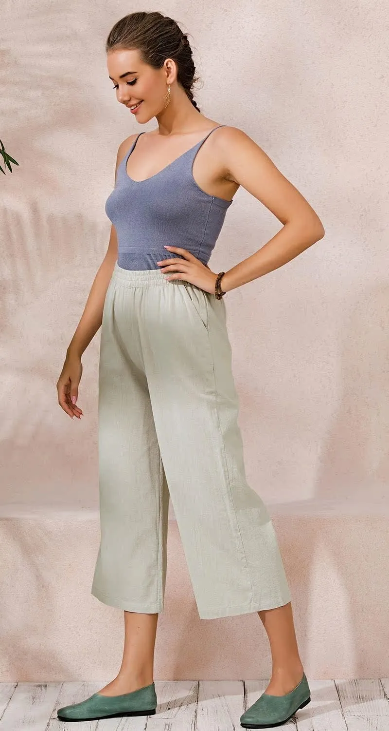 ECUPPER Womens Cotton Cropped Pants Loose Fit Wide Leg Capri Casual Plus Size Elastic Waist Trousers