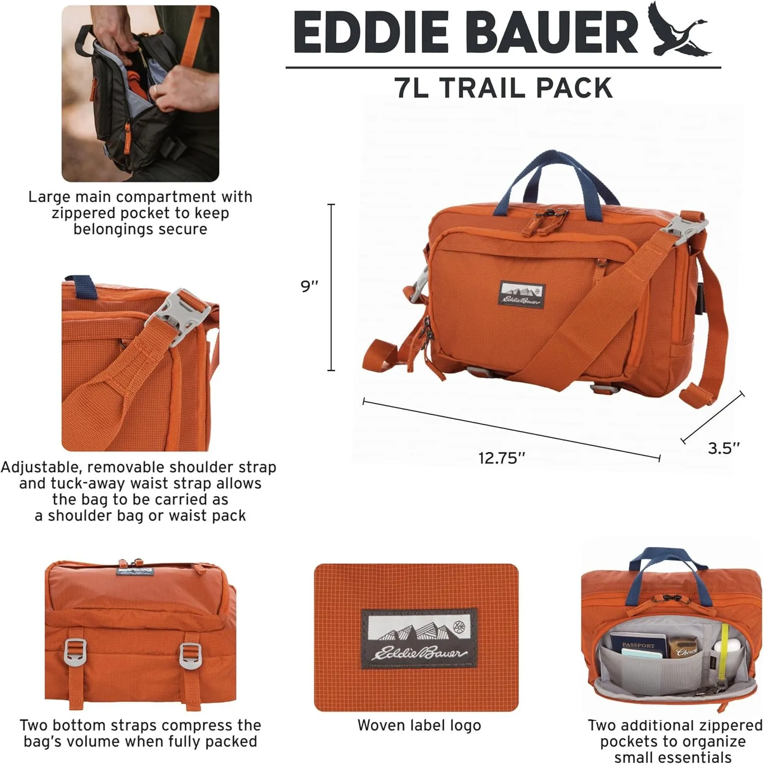 Eddie Bauer 7L Trail Bag with Removeable Shoulder Strap and Adjustable Waistband