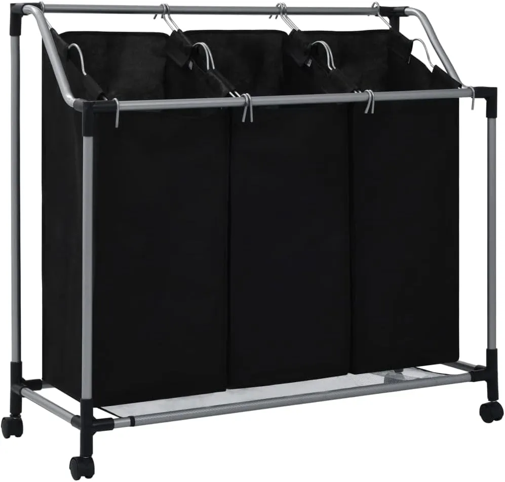 Efficient Laundry Sorter with 3 Bags for Easy Organization, Durable Steel Frame, Space-Saving Design, Black