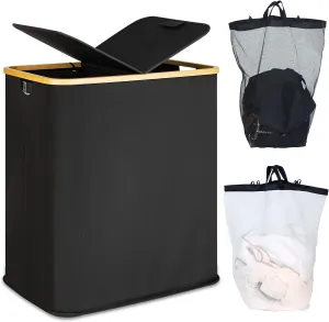 efluky Laundry Hamper with Lid, Double Laundry Hamper with 2 Removable Bags, 2 Section Laundry Basket with Bamboo Handles for Bathroom, Bedroom & Laundry Room, 140L (36.9 Gallon) Black