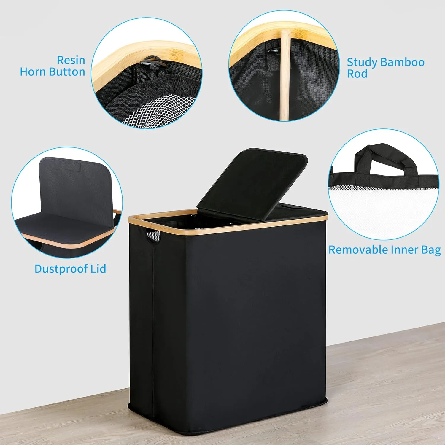 efluky Laundry Hamper with Lid, Double Laundry Hamper with 2 Removable Bags, 2 Section Laundry Basket with Bamboo Handles for Bathroom, Bedroom & Laundry Room, 140L (36.9 Gallon) Black
