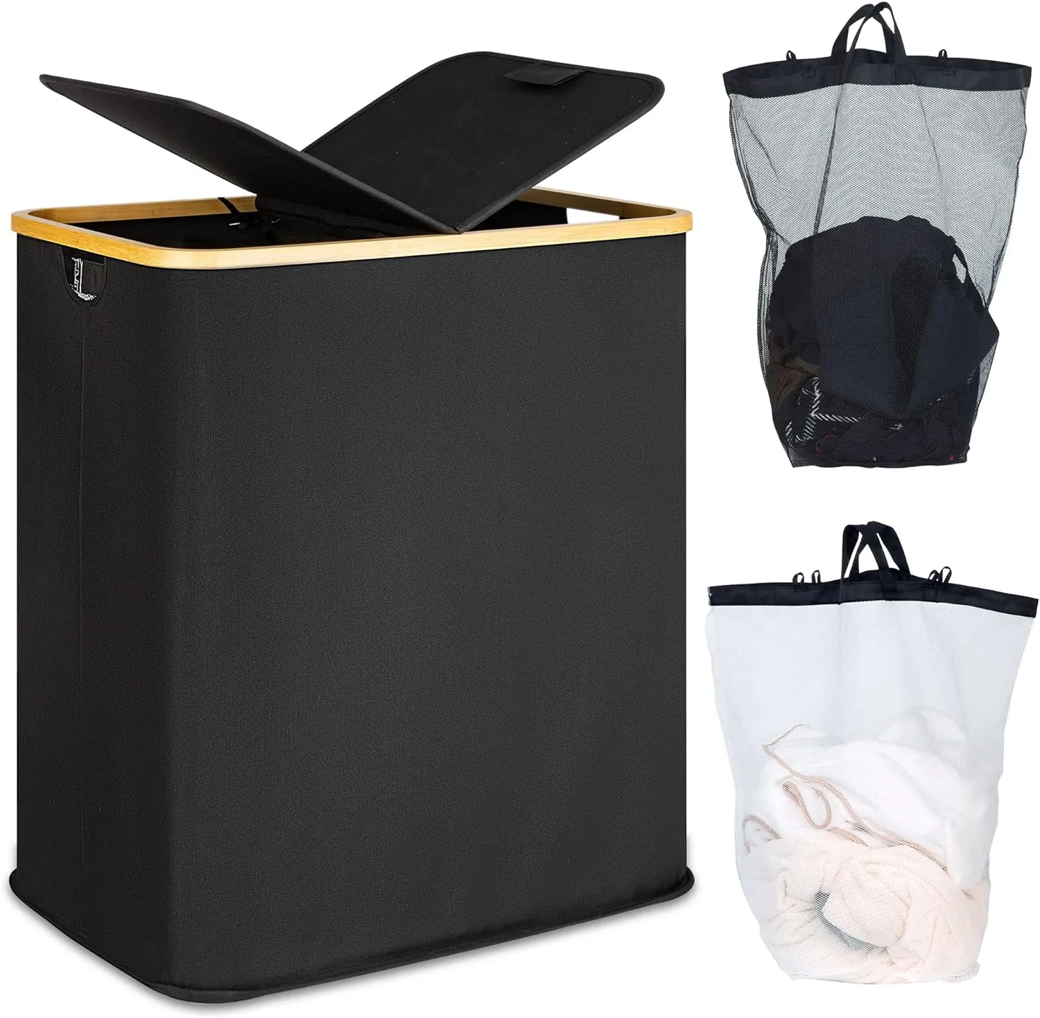 efluky Laundry Hamper with Lid, Double Laundry Hamper with 2 Removable Bags, 2 Section Laundry Basket with Bamboo Handles for Bathroom, Bedroom & Laundry Room, 140L (36.9 Gallon) Black