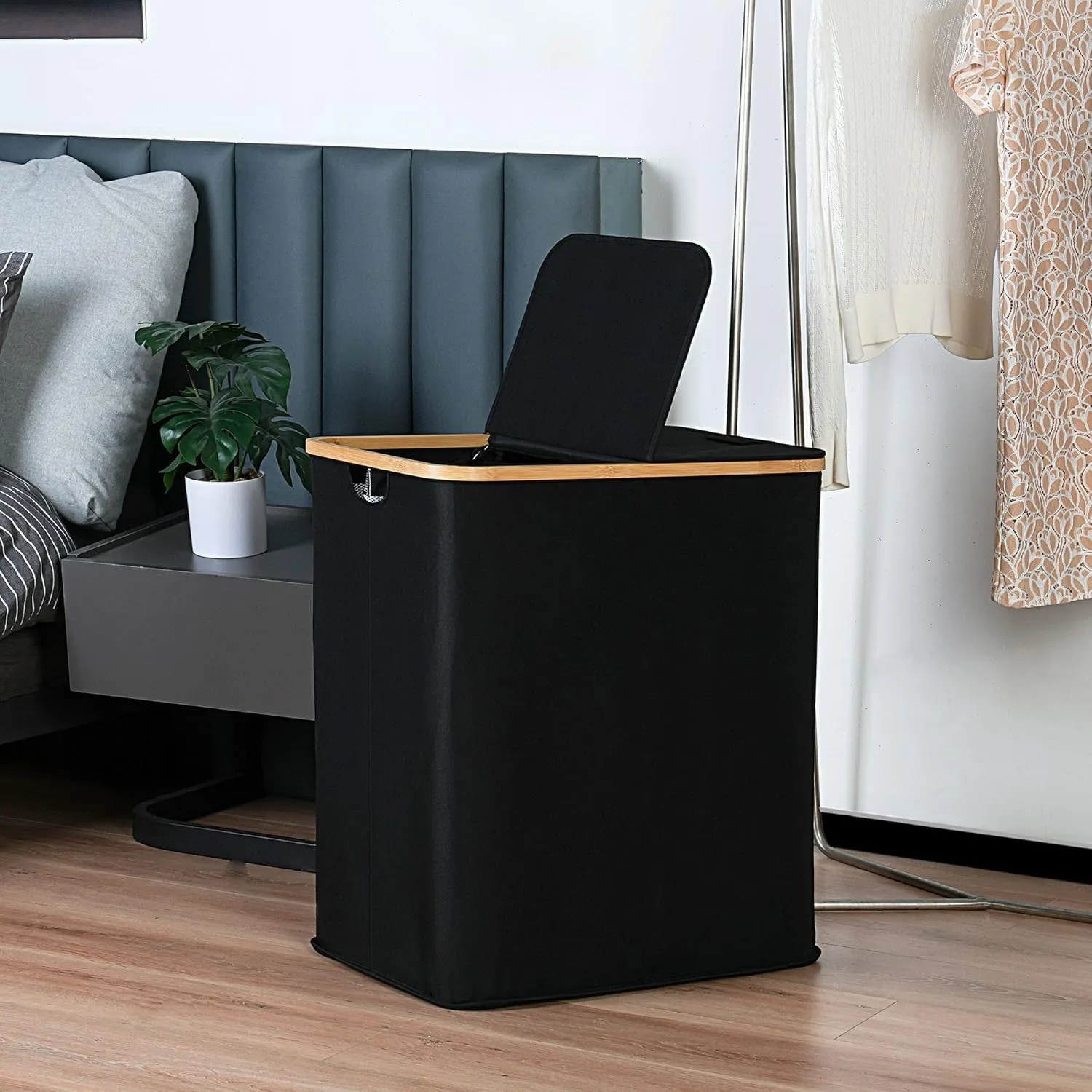efluky Laundry Hamper with Lid, Double Laundry Hamper with 2 Removable Bags, 2 Section Laundry Basket with Bamboo Handles for Bathroom, Bedroom & Laundry Room, 140L (36.9 Gallon) Black