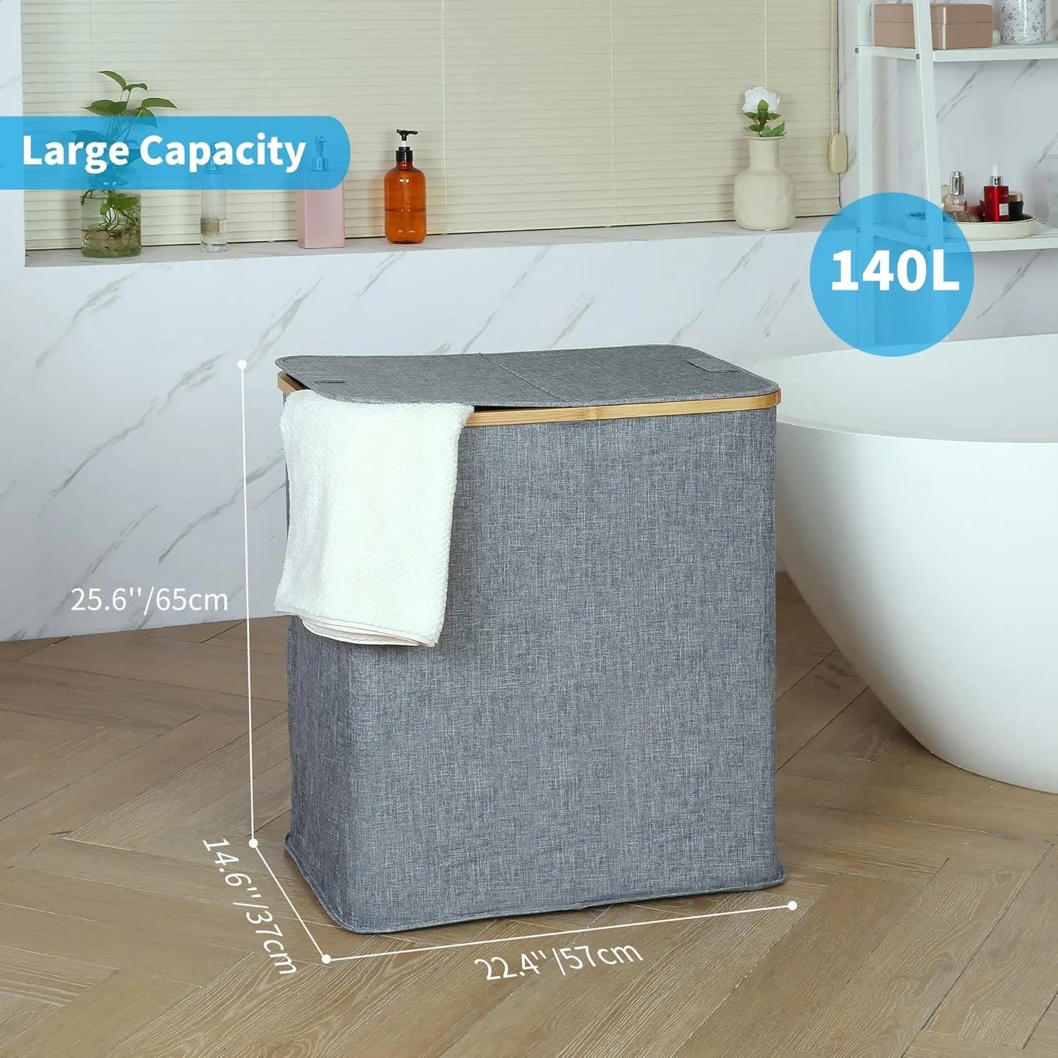 efluky Laundry Hamper with Lid, Double Laundry Hamper with 2 Removable Bags, 2 Section Laundry Basket with Bamboo Handles for Bathroom, Bedroom & Laundry Room, 140L (36.9 Gallon) Blue Grey