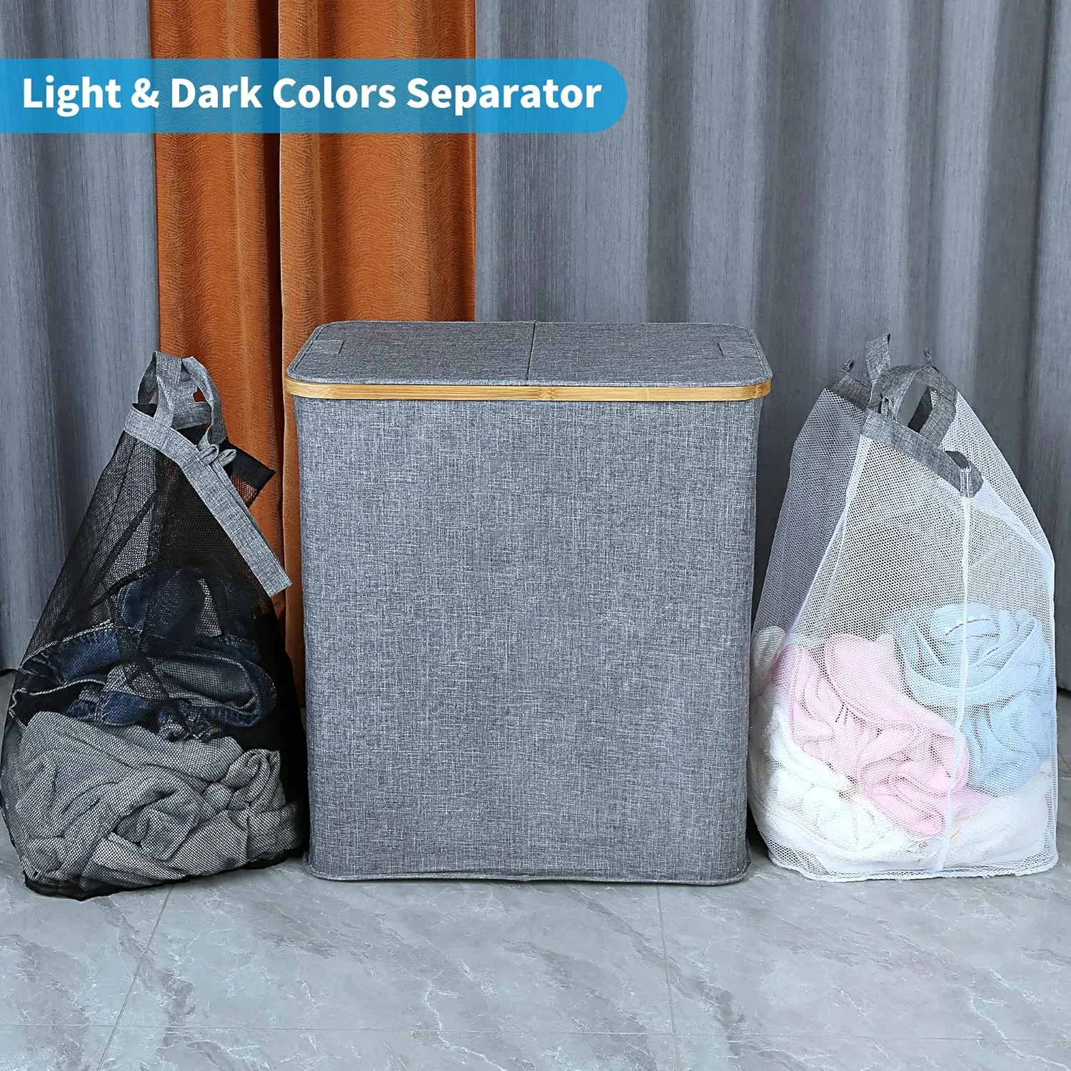 efluky Laundry Hamper with Lid, Double Laundry Hamper with 2 Removable Bags, 2 Section Laundry Basket with Bamboo Handles for Bathroom, Bedroom & Laundry Room, 140L (36.9 Gallon) Blue Grey