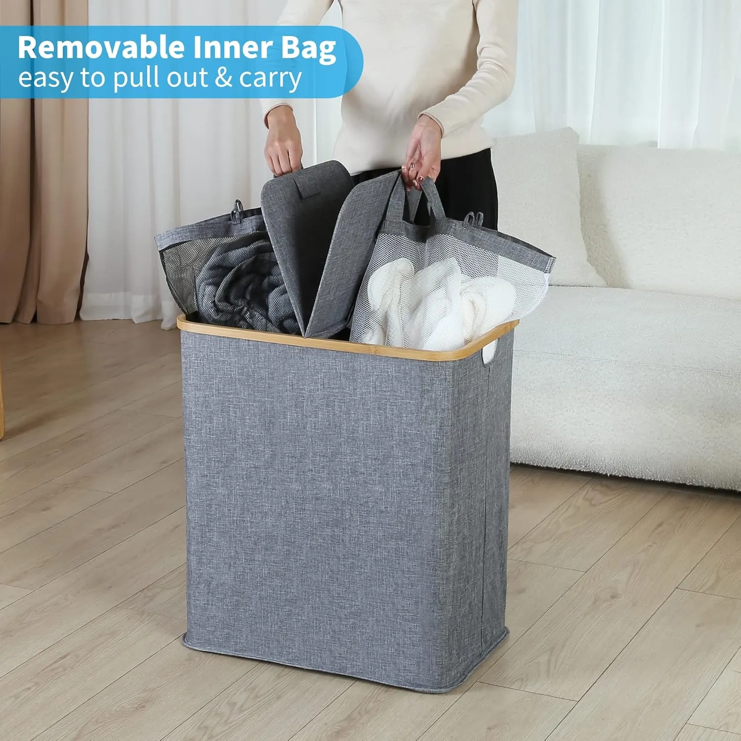 efluky Laundry Hamper with Lid, Double Laundry Hamper with 2 Removable Bags, 2 Section Laundry Basket with Bamboo Handles for Bathroom, Bedroom & Laundry Room, 140L (36.9 Gallon) Blue Grey
