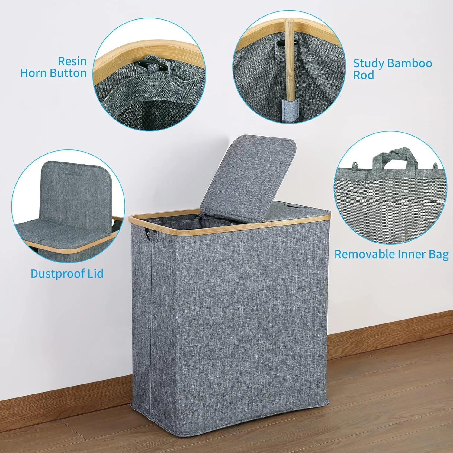 efluky Laundry Hamper with Lid, Double Laundry Hamper with 2 Removable Bags, 2 Section Laundry Basket with Bamboo Handles for Bathroom, Bedroom & Laundry Room, 140L (36.9 Gallon) Blue Grey