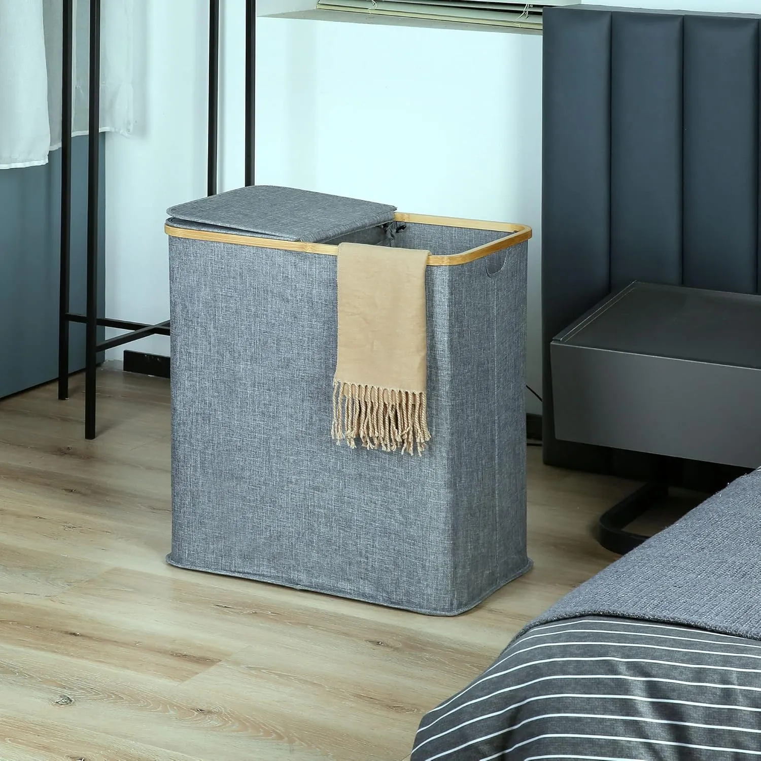efluky Laundry Hamper with Lid, Double Laundry Hamper with 2 Removable Bags, 2 Section Laundry Basket with Bamboo Handles for Bathroom, Bedroom & Laundry Room, 140L (36.9 Gallon) Blue Grey