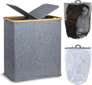 efluky Laundry Hamper with Lid, Double Laundry Hamper with 2 Removable Bags, 2 Section Laundry Basket with Bamboo Handles for Bathroom, Bedroom & Laundry Room, 140L (36.9 Gallon) Blue Grey
