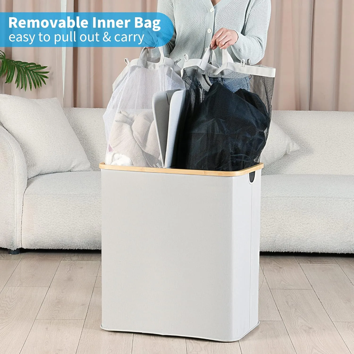 efluky Laundry Hamper with Lid, Double Laundry Hamper with 2 Removable Bags, 2 Section Laundry Basket with Bamboo Handles for Bathroom, Bedroom & Laundry Room, 140L (36.9 Gallon) Light Grey