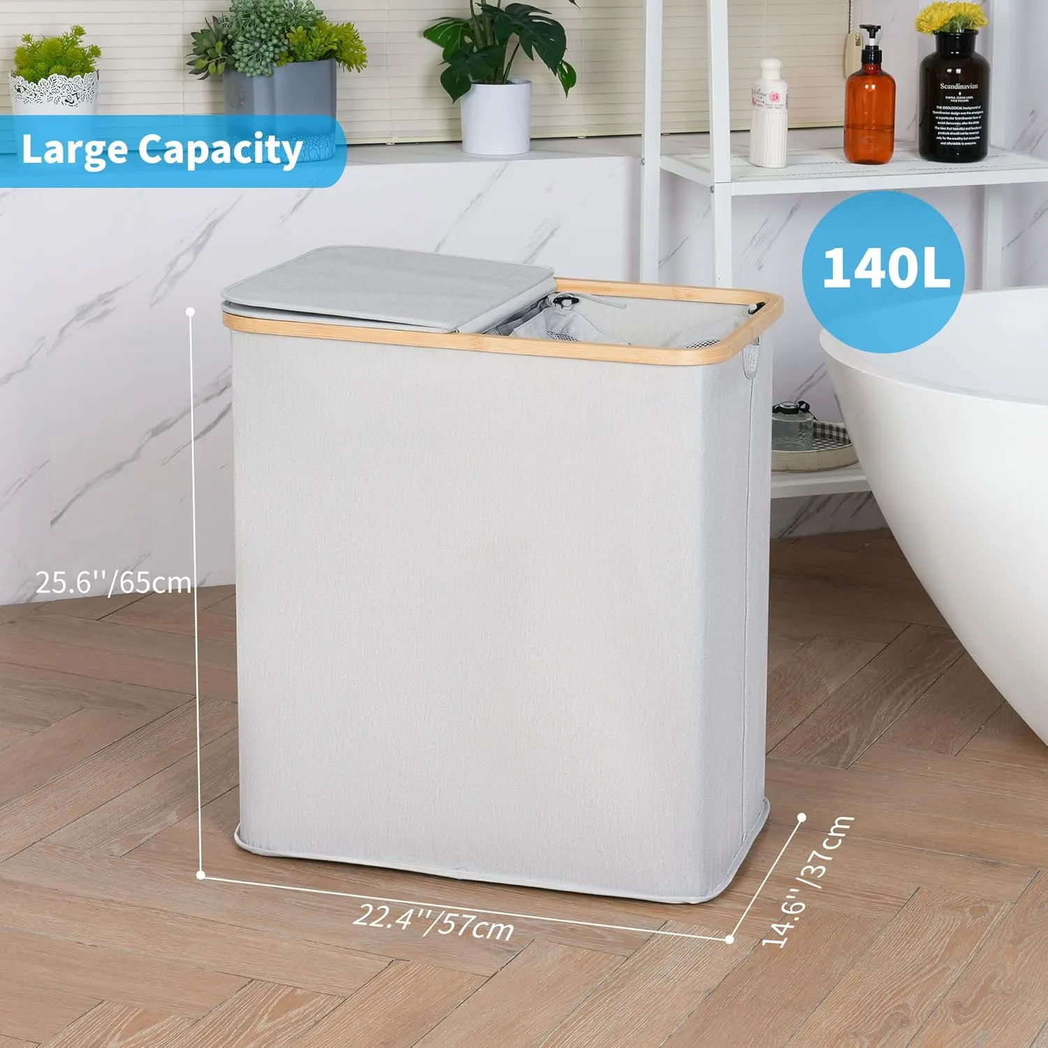 efluky Laundry Hamper with Lid, Double Laundry Hamper with 2 Removable Bags, 2 Section Laundry Basket with Bamboo Handles for Bathroom, Bedroom & Laundry Room, 140L (36.9 Gallon) Light Grey