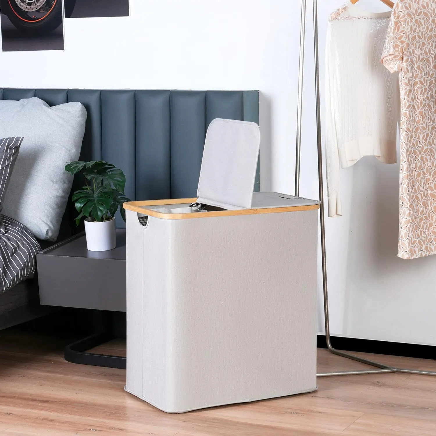 efluky Laundry Hamper with Lid, Double Laundry Hamper with 2 Removable Bags, 2 Section Laundry Basket with Bamboo Handles for Bathroom, Bedroom & Laundry Room, 140L (36.9 Gallon) Light Grey