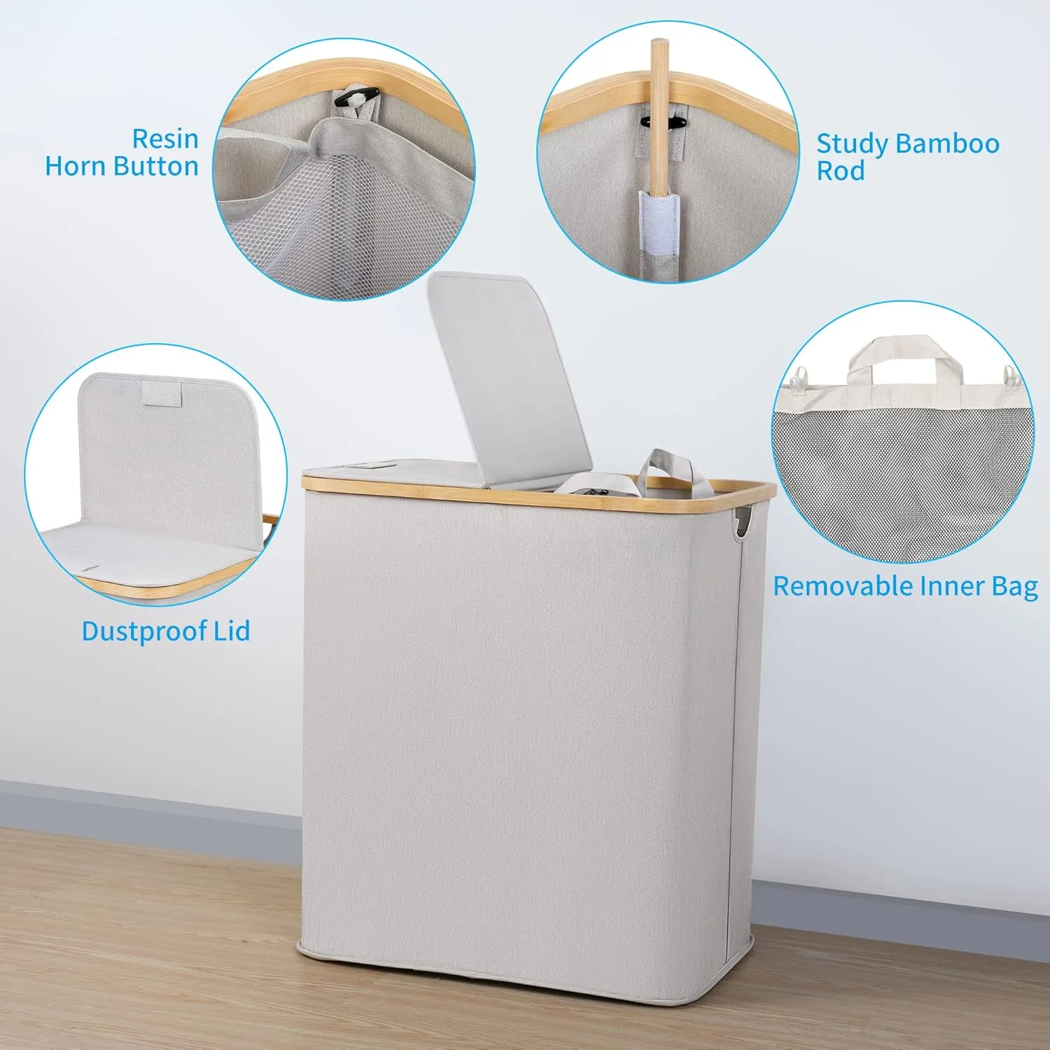 efluky Laundry Hamper with Lid, Double Laundry Hamper with 2 Removable Bags, 2 Section Laundry Basket with Bamboo Handles for Bathroom, Bedroom & Laundry Room, 140L (36.9 Gallon) Light Grey