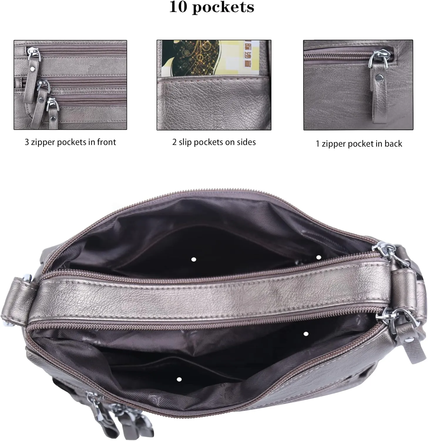 ELDA 10 Pockets Crossbody Purses for Women Medium Pocketbooks Lightweight Ladies Satchel Bag Multi Pocket Shoulder Handbag