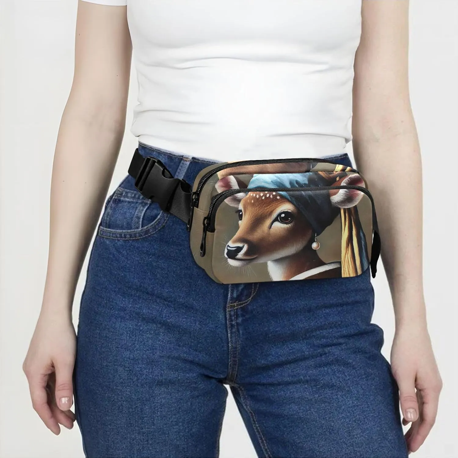 Elegant Deer Pearl Portrait Women Fanny Packs Waterproof Hip Pouch Belt Bag Cute Waist Bag for Women