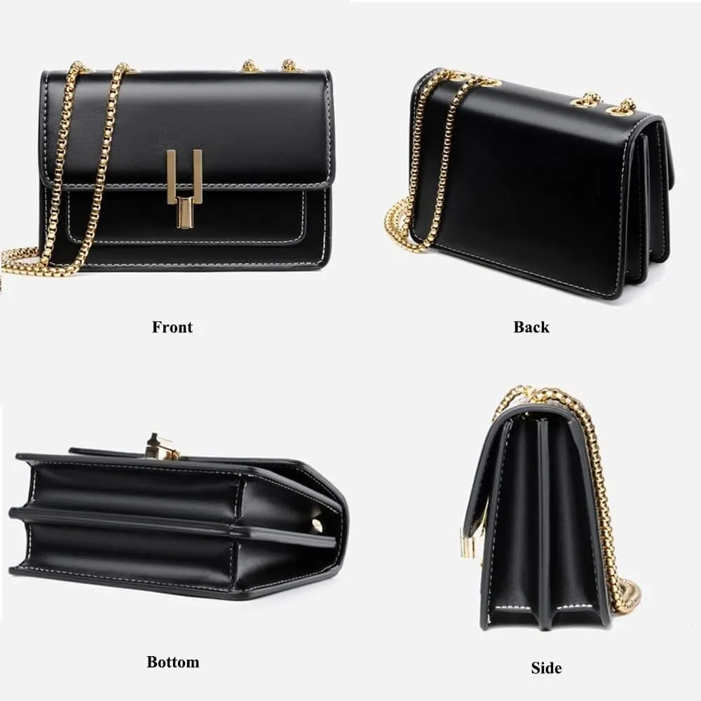 Elegant Designer Leather Evening Clutch Handbag with Gold Chain Shoulder & Crossbody Strap for Women