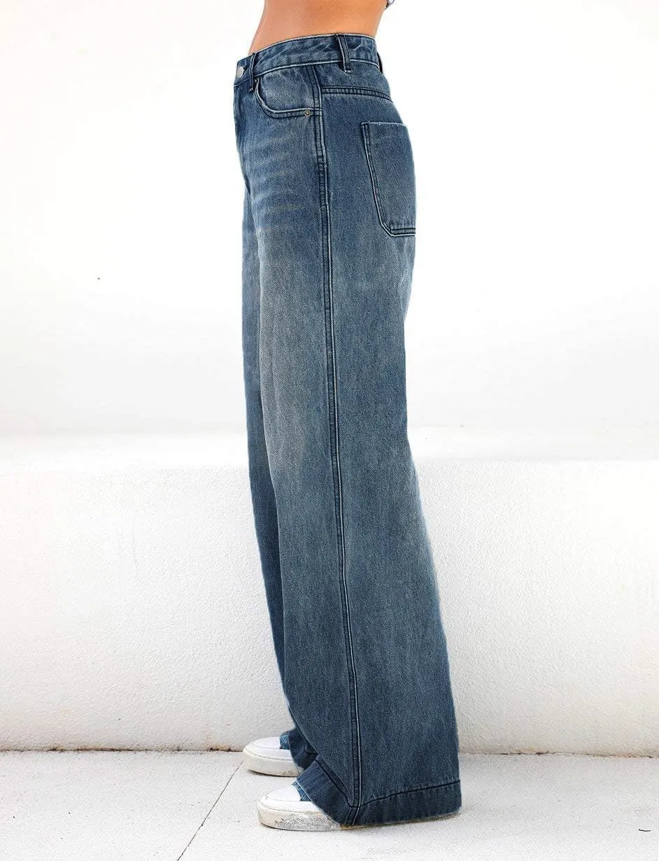 EMMIOL Women's Wide Leg Jeans Distress Adjustable Waist Denim Pants Vintage Y2K Trousers
