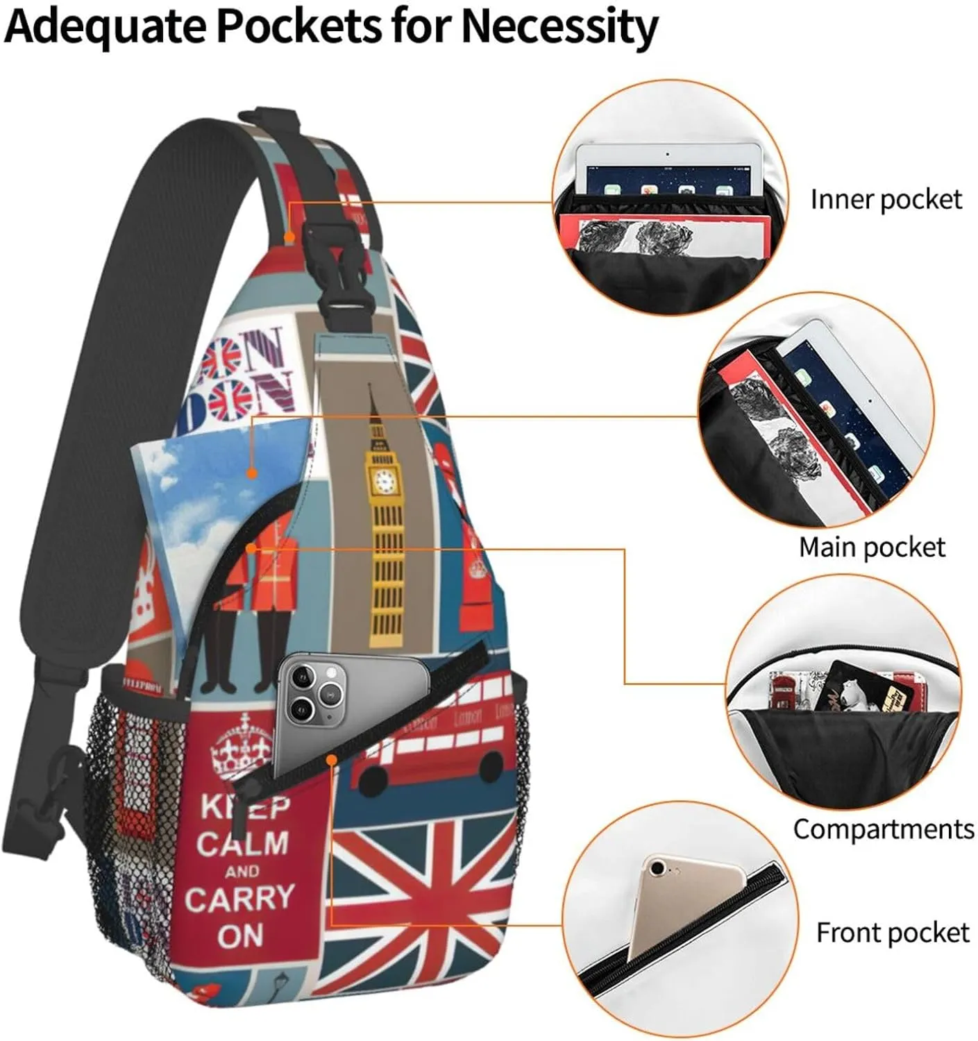 England Symbols Print Lightweight Sling Small Shoulder Bag - Chic Cross Chest Bag With Adjustable Strap