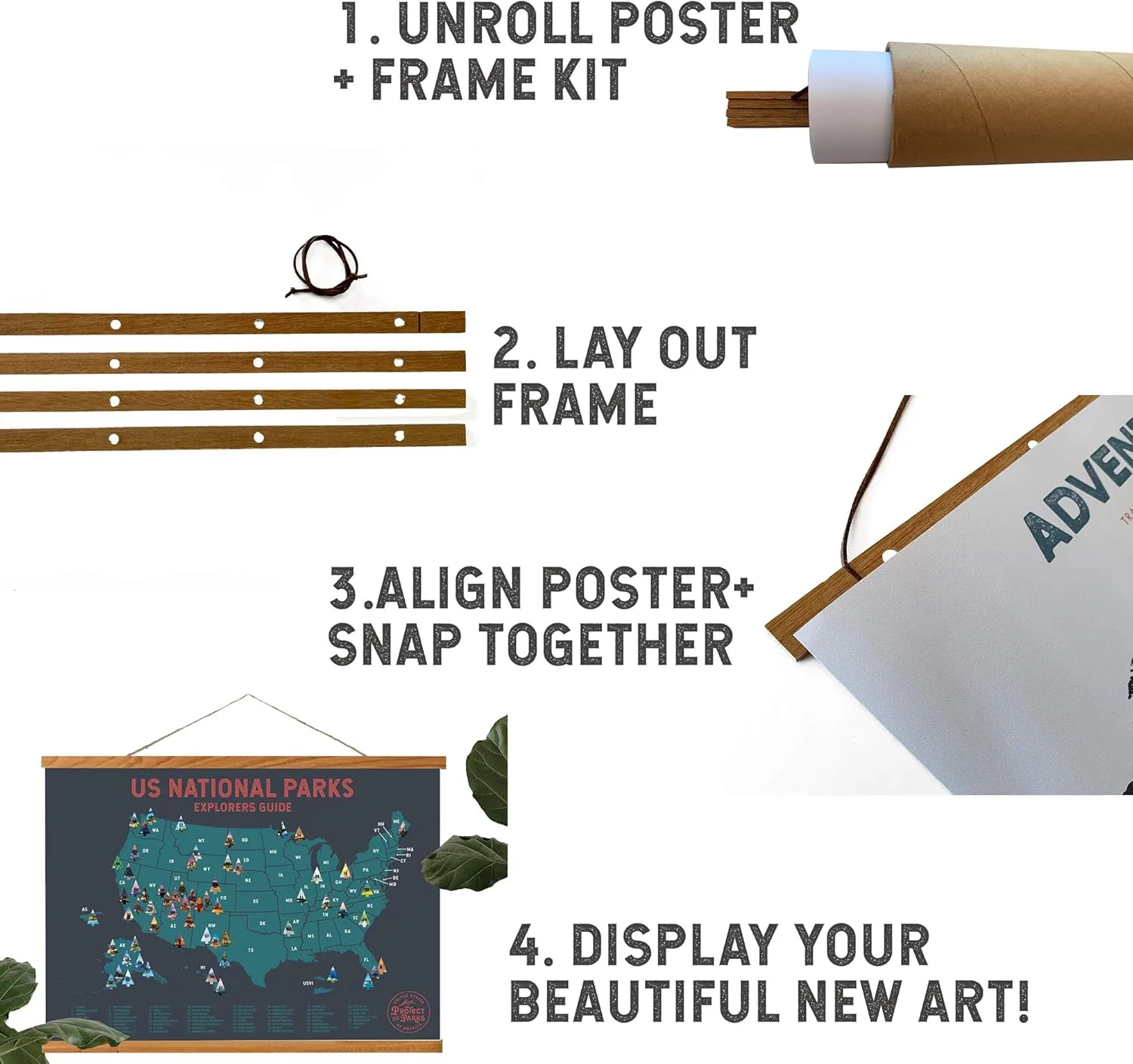 Epic Adventure Maps 24' Wide Magnetic Poster Hanger - Sturdy Wooden Frame for Posters, Prints, Artwork or Wall Hangings - Frame for Scratch Off or Pushpin Map