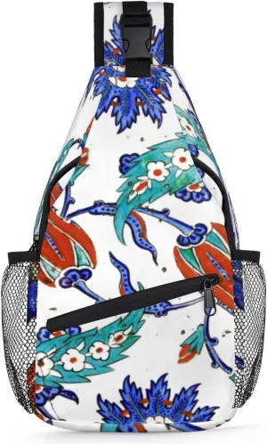 Ethnic Flowers Sling Backpack for Men Women, Casual Crossbody Shoulder Bag, Lightweight Chest Bag Daypack for Gym Cycling Travel Hiking Outdoor Sports