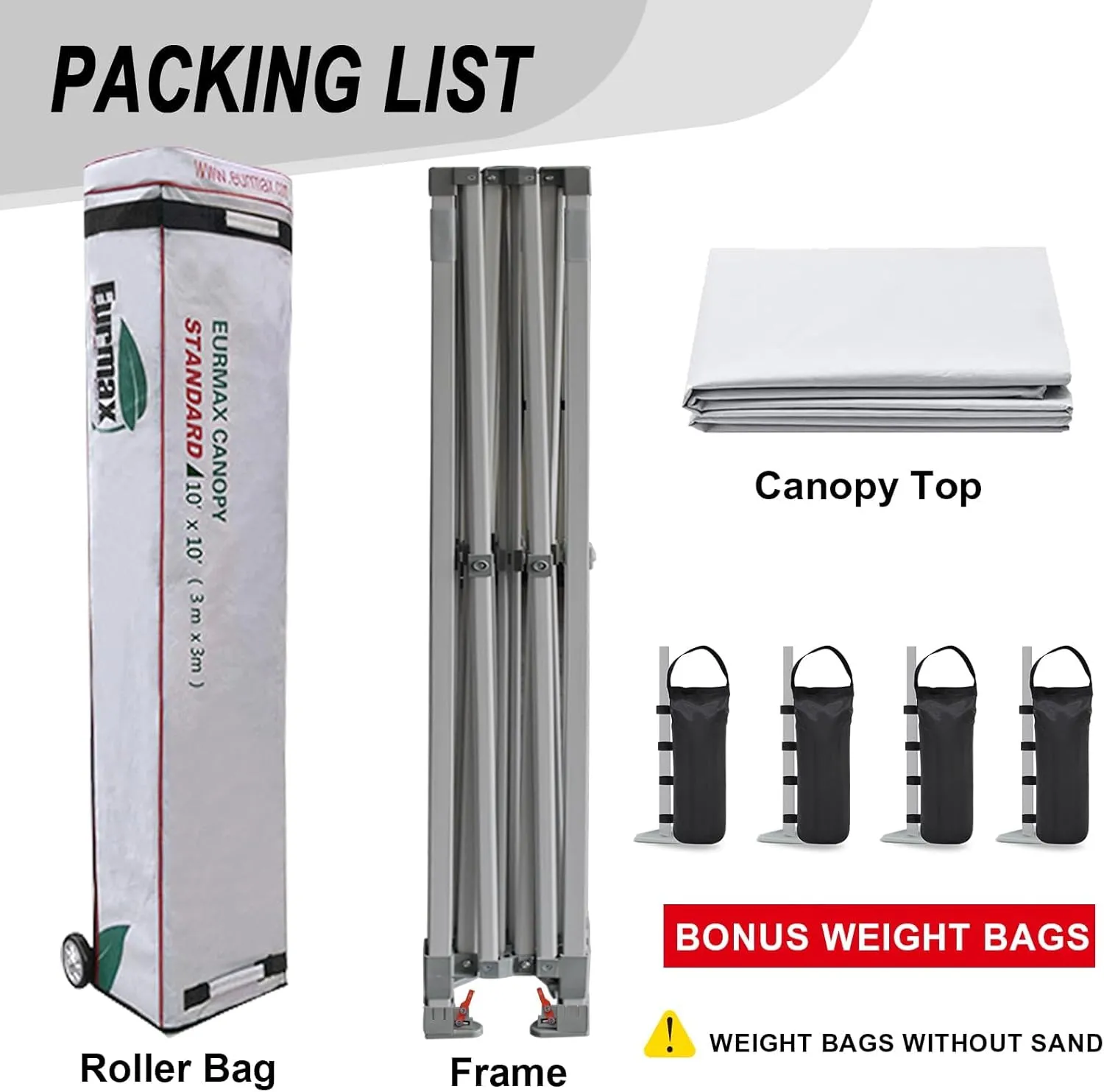 Eurmax USA Standard 10x10ft Patio Pop Up Canopy Tent for Outdoor Events Commercial Instant Canopies with Heavy Duty Roller Bag,Bonus 4 Canopy Sand Bags (White)