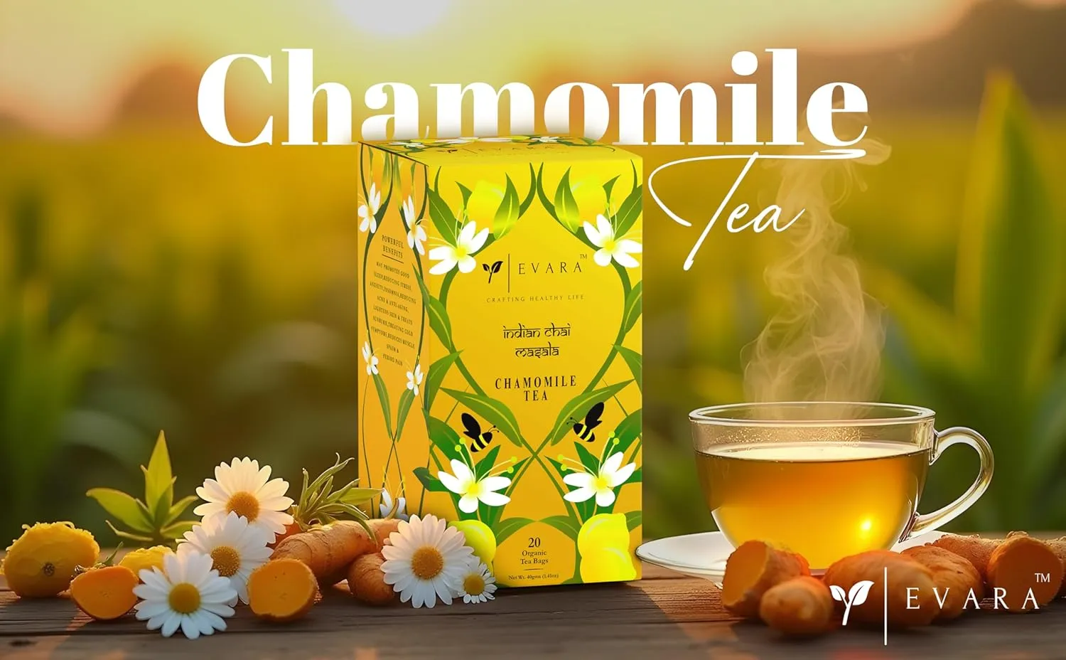 EVARA Chamomile Tea - 40g - Relax & Unwind | Promotes Sleep & Reduces Stress | Delightful and Aromatic Flavored Tea Bags | 20 Pc Tea Bags Inside