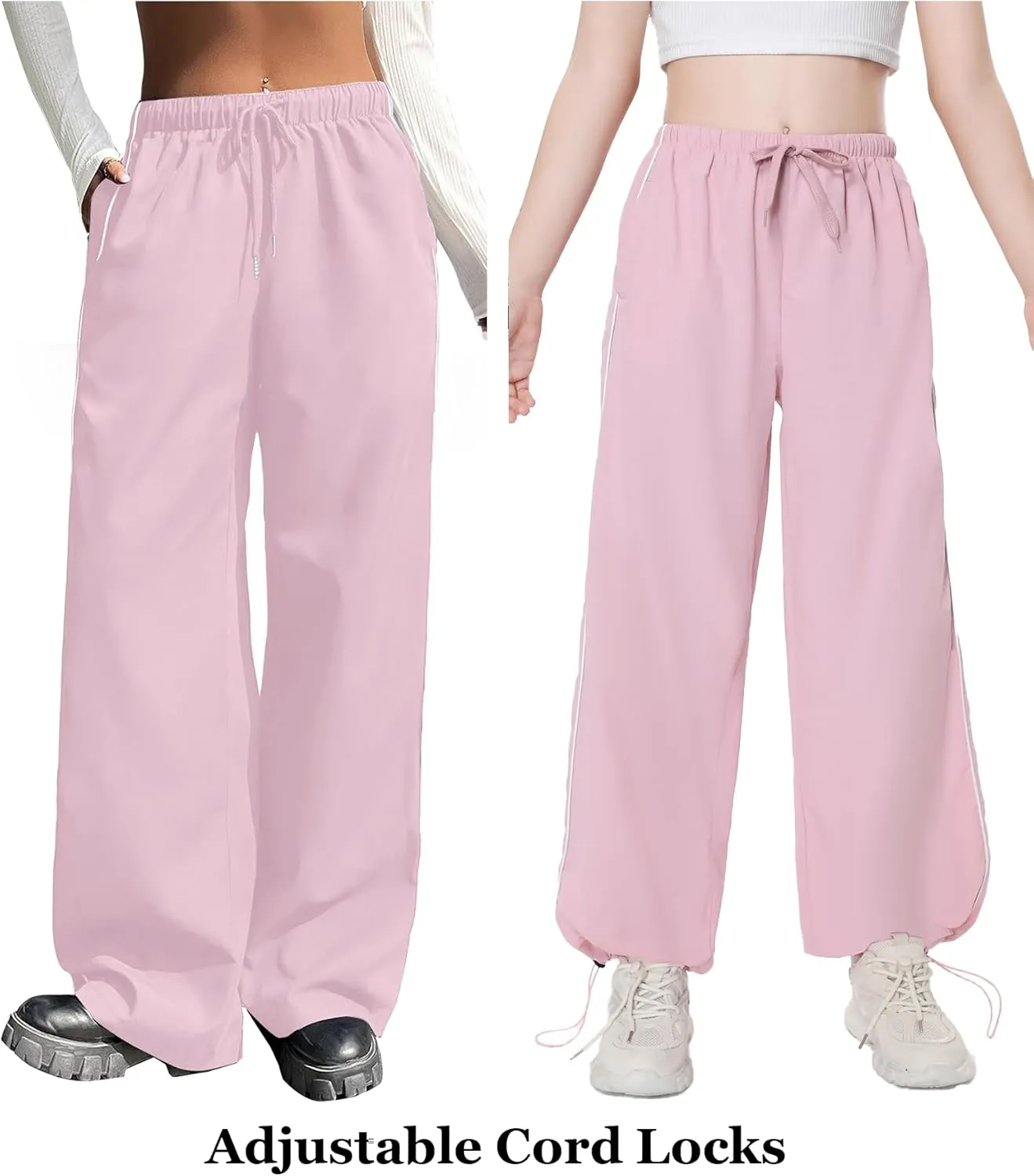 EXARUS Girls Parachute Pants Cargo Baggy Hip Hop Drawstring with Pockets Elastic Y2K for Kids 8-14Y