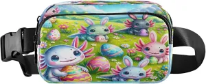 Exnundod Fanny Packs for Women & Men Happy Easter Axolotl, Waist Pack Colorful Eggs Crossbody Bags Belt Adjustable Strap for Running Hiking Workout