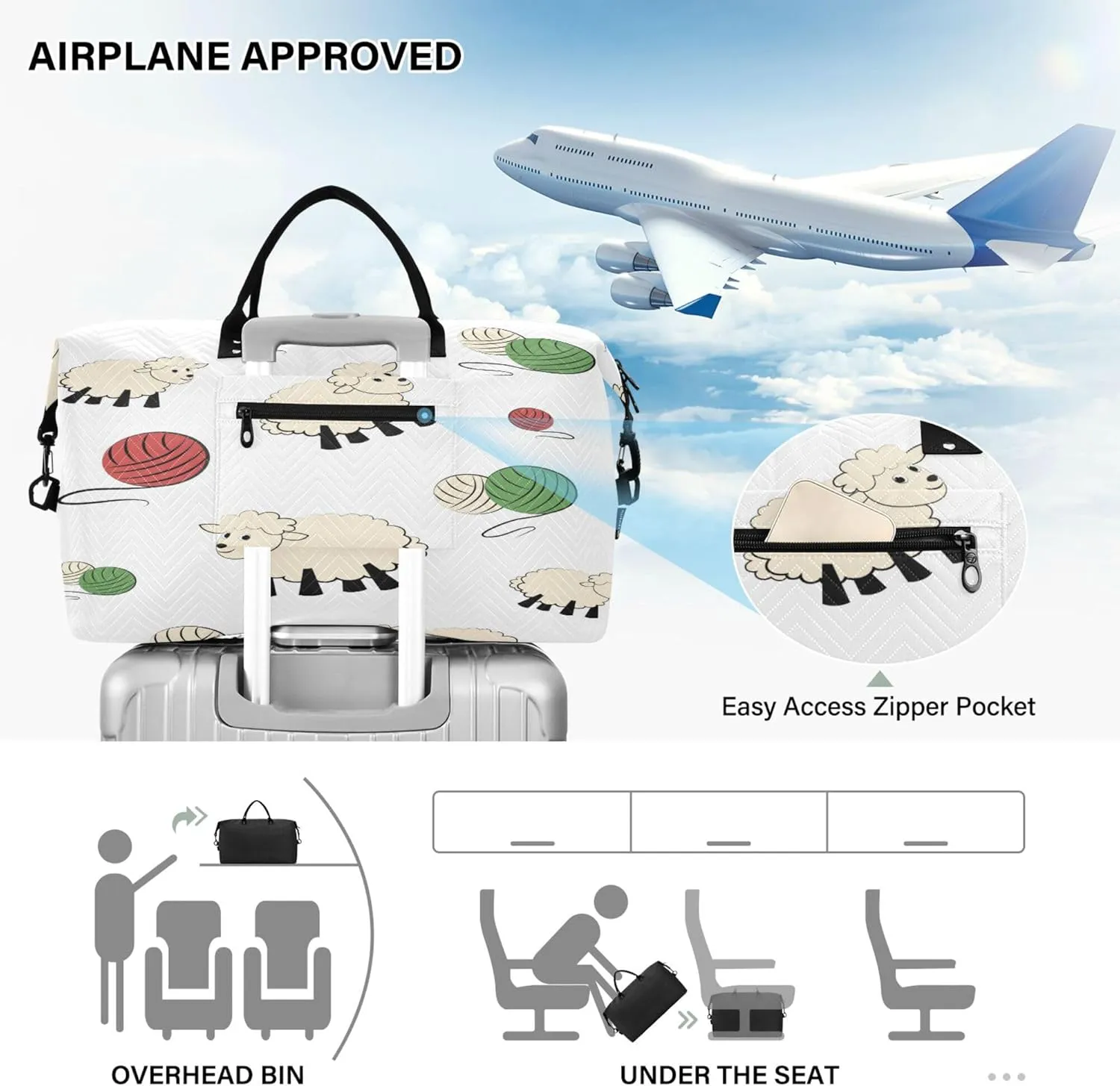 Exnundod Women Weekender Bags Sheep with Ball Of Yarn Travel Duffel Bags Carry On Overnight Bag Cute Large Hospital Tote Luggage